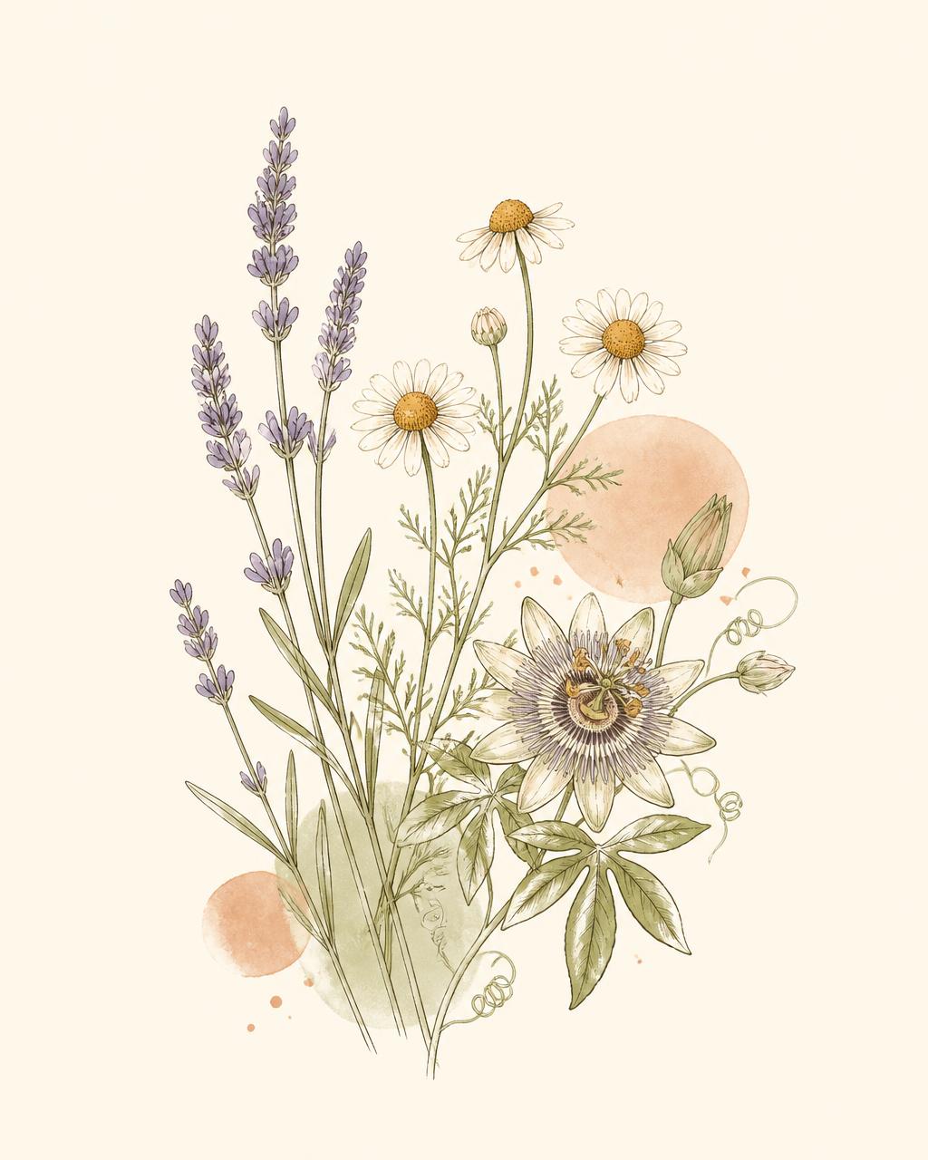 Lámina botánica de lavanda, manzanilla y pasiflora